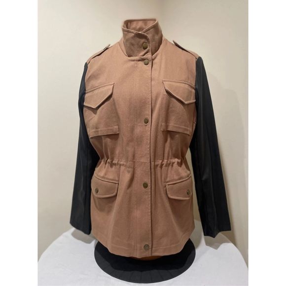 Twiggy London NWT (W/D) Brown Faux Leather Black Sleeve Jacket, Size Small - Picture 1 of 15